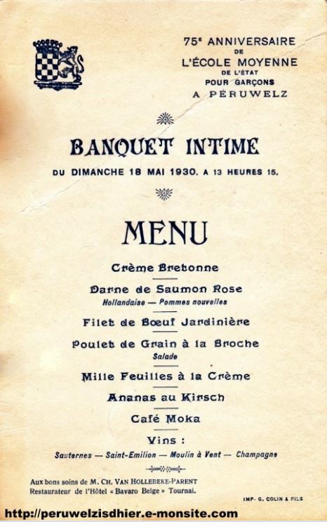 Menu banquet ecole moyenne garcons 1930